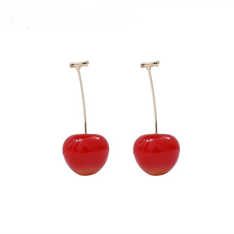 Cute Sweet Simulation Red Cherry Gold Color Fruit Stud Earrings for Women Girl Gift
