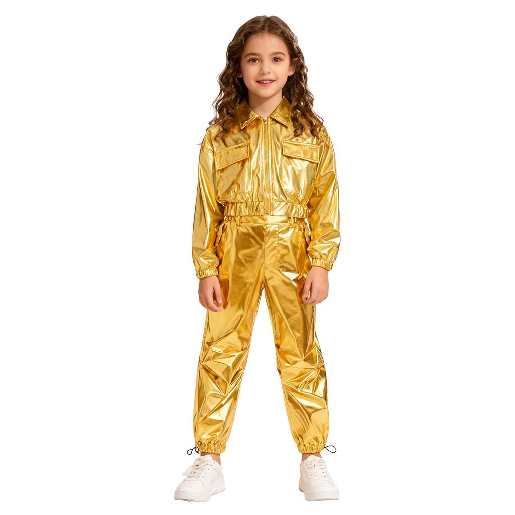 Unisex Kids Shiny Metallic Jacket Drawstring Cargo Pants Hip Hop Jazz Dance Costume Set