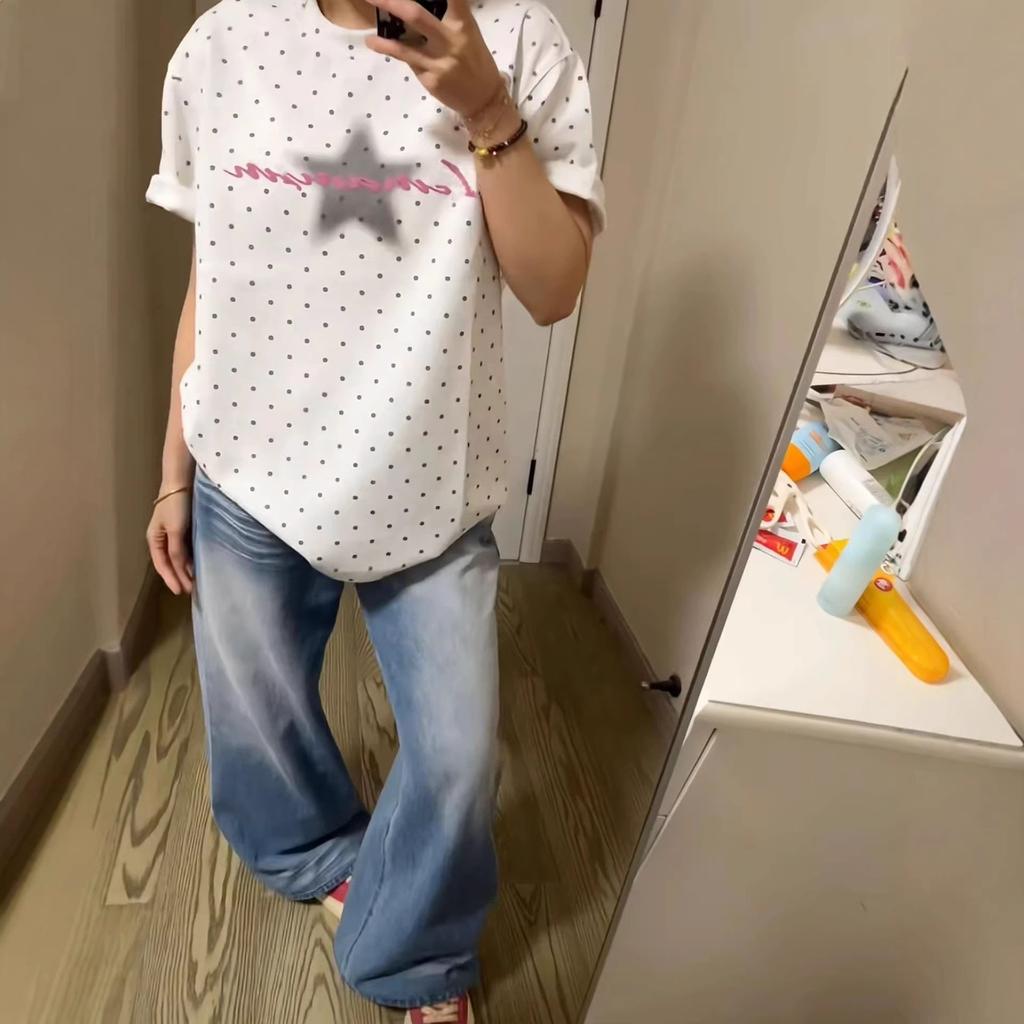 Korean shoulder polka dot letter short-sleeved t-shirt women's summer new loose lazy style versatile casual top