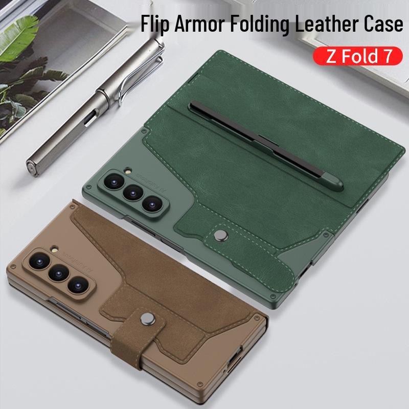 Бизнес-стиль Samsung Z Fold7 Armor чехол-книжка со слотом для ручки, держателем для карт и защитной пленкой для экрана.