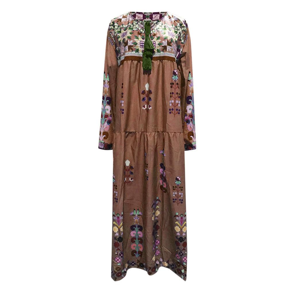 Women Plus Size V Neck Print  Long Sleeve Boho Dress Party Maxi Dress