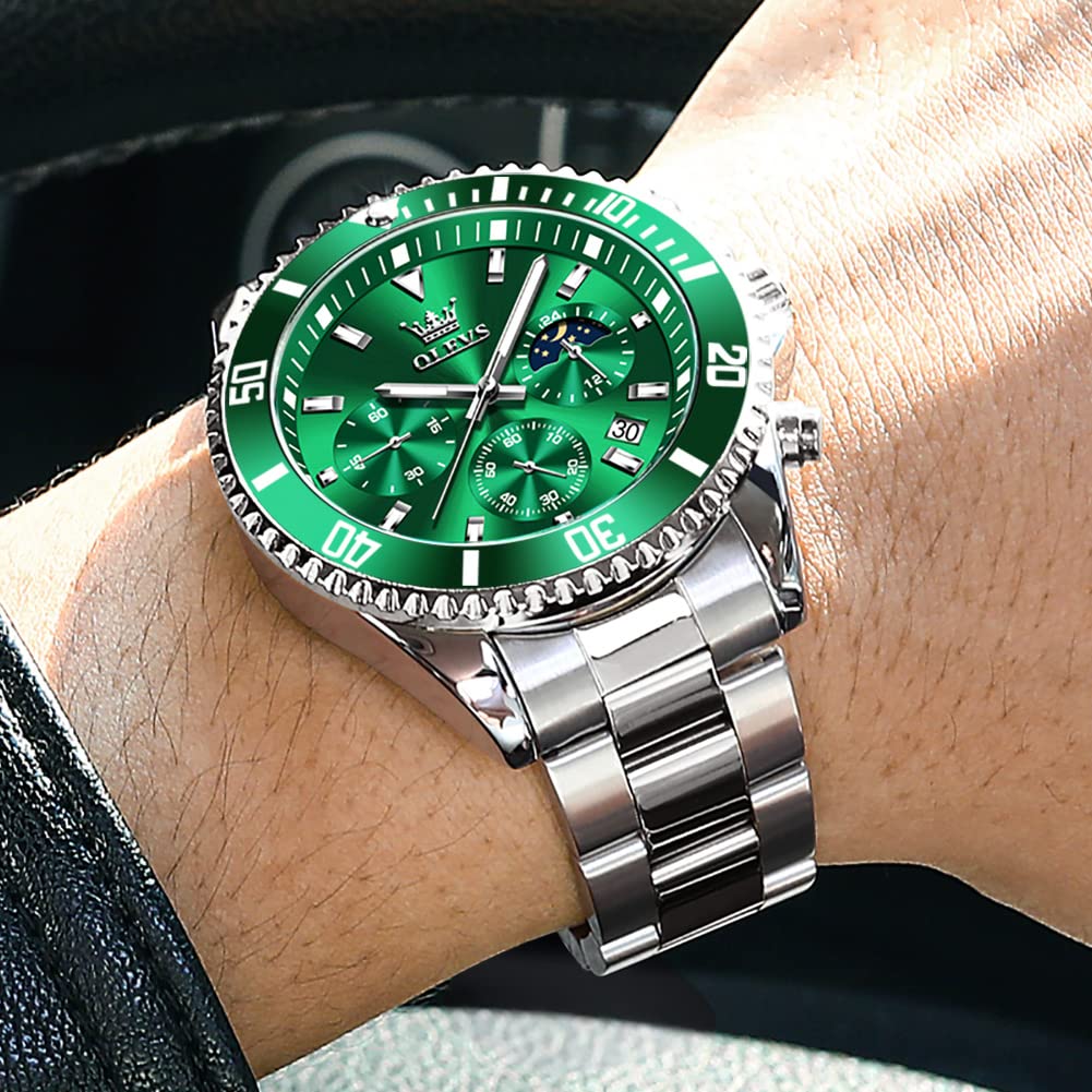 OLVES Quartz Popular Business Watch with Chronograph Easy to Luminous Stainless Steel Band Men's Watch, Movement, Read, Waterproof, (Green)