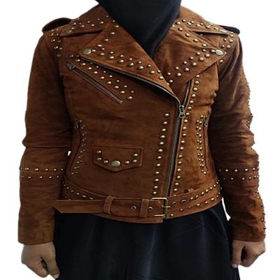 Женский американский стиль, коричневая замша из овчины, куртка с заклепками, на молнии и куртка | Плечевой ремень, подарки для нее, куртка-ковбой