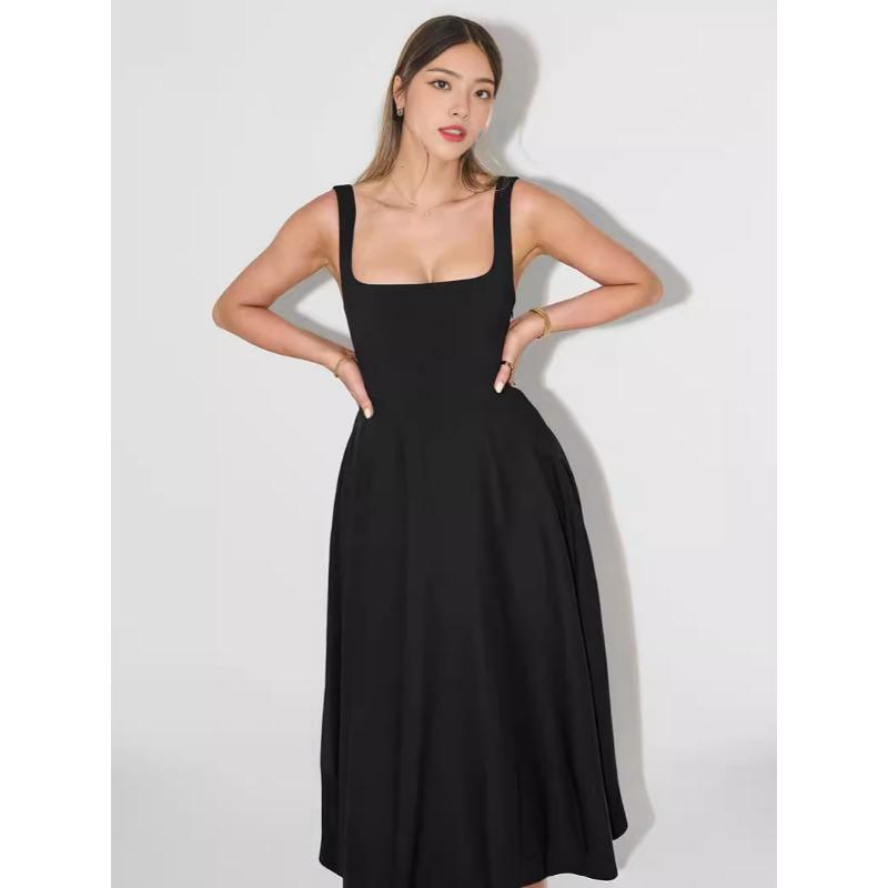 Women's Summer Simple Sexy Solid Colour Straps Slim Midi Dresses