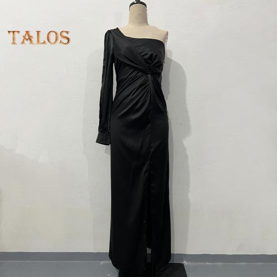 Женское вечернее платье на одно плечо с открытым рукавом, разрезом по низу, однотонное, с тонкой талией, плиссированное, с узлом, однотонное, коктейльное, вечернее платье макси