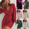 Women Romper Deep V Neck Sequin Belted Tight Waist Loose Long Lantern Sleeve Solid Color Above Knee Length Club Party Mini Romper