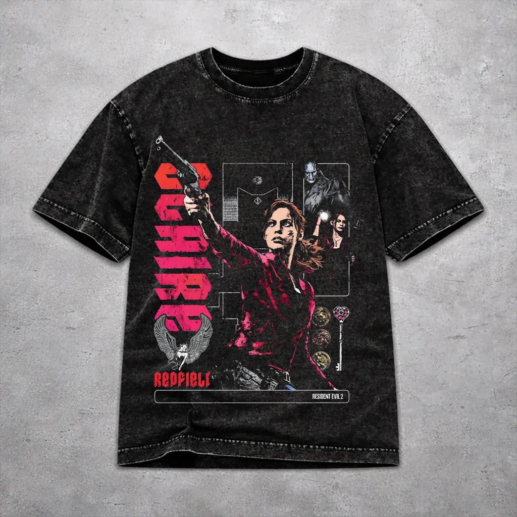 Men Women Vintage Washed Tshirts Claire Redfield Print Shirt Apparel Harajuku Tee Shirt