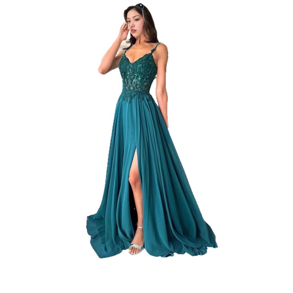 Новое вечернее платье на бретельках с V-образным вырезом Европейское и американское шифоновое платье-шар с аппликацией платье на бретельках платье платье