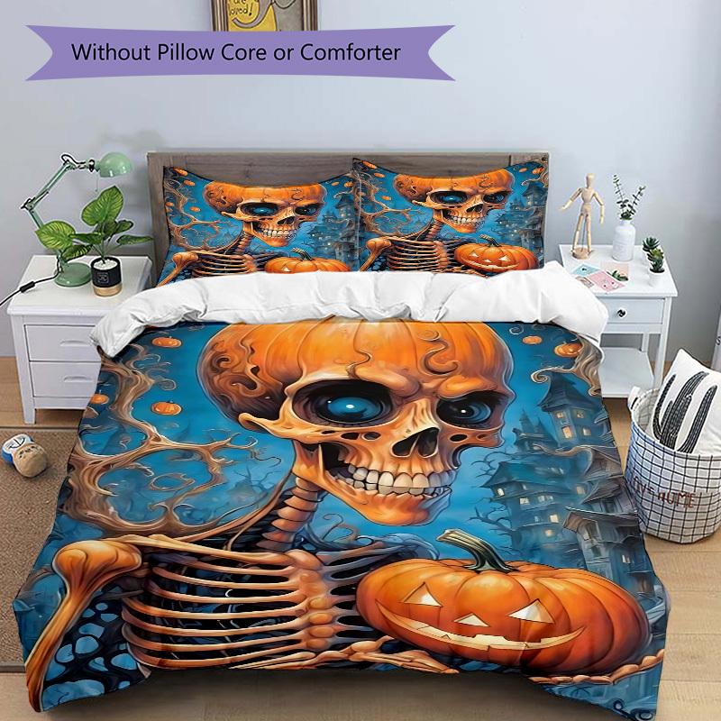 3pcs Halloween Skeleton Duvet Cover Set, Cover For Bedroom Guest Room (1 Duvet Cover + 2 Pillowcase, Without Quilt), yy250922144
