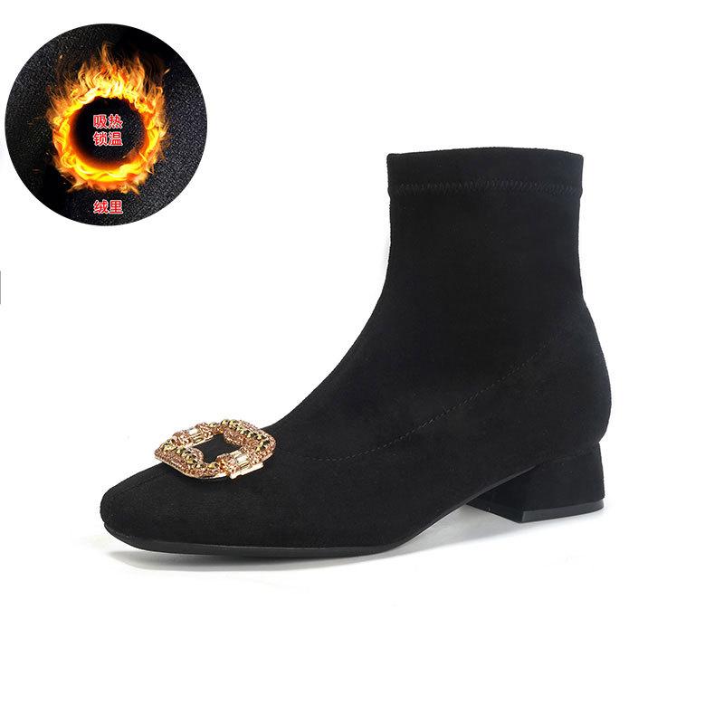 Замшевые ботильоны на высоком каблуке с эластичными голенищами и квадратной пряжкой со стразами, корейская версия, тонкие ботильоны, квадратный каблук, квадратный носок, короткие ботильоны, женские, осенне-зимние, поющие