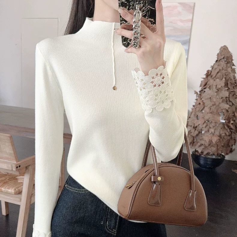Red Sweater High-end Niche Lace Cuff Patchwork Turtleneck Knitwear Fashion Inner Base Layer Top