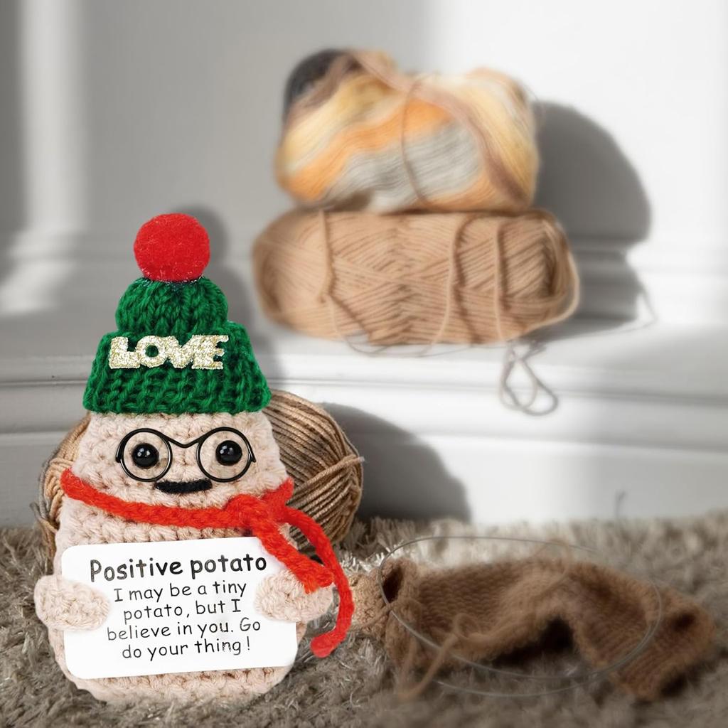 Christmas Home Decoration Crochet Positive Xmas Glasses Potato Doll with Card Handmade Wool Knitted Potato Ornament Party Decor