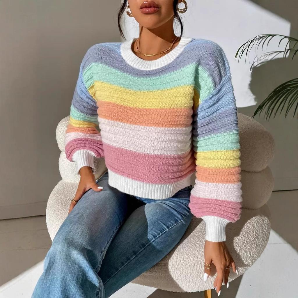 Autumn Winter Rainbow Stripes Knitted Sweaters Lantern Sleeve Loose Jumper Crop Tops Women Sweater Pullover Ladies Casual Shirts