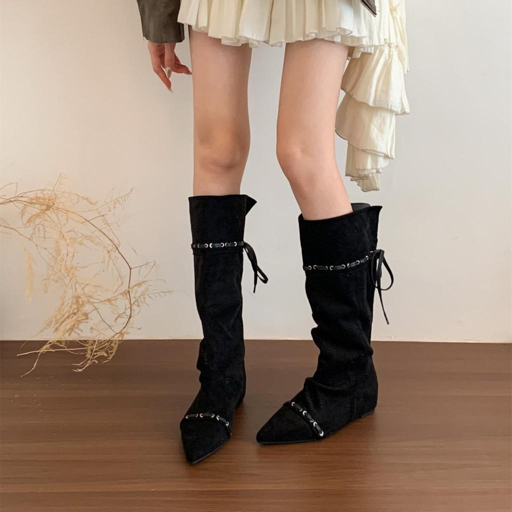 Retro Pointed Pleated Piled Boots Women's Foldable Two-wear Spice Girl Western Cowboy Boots Inner Height-increasing and Thin Boots