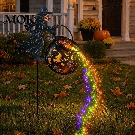 Halloween Landscaping Atmosphere Light Witch Cauldron Garden Light, Metal Yard Stake with LED String Front Holiday Accessories Lights, Waterproof Pot