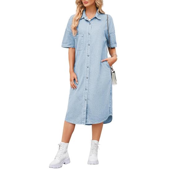 Джинсовое платье для женщин с коротким рукавом, джинсовое платье-рубашка на пуговицах с лацканами, летнее миди-платье-сдвиг с карманами