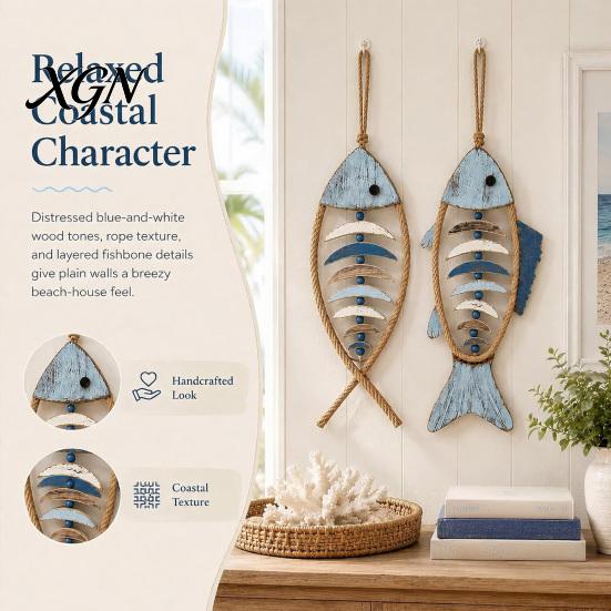 Corrosion Resistant Indoor Decor Wooden Fish Wall Hanging Pendant With/Without LED Light, Nautical Decor, Coastal Theme Fishbone Decorative