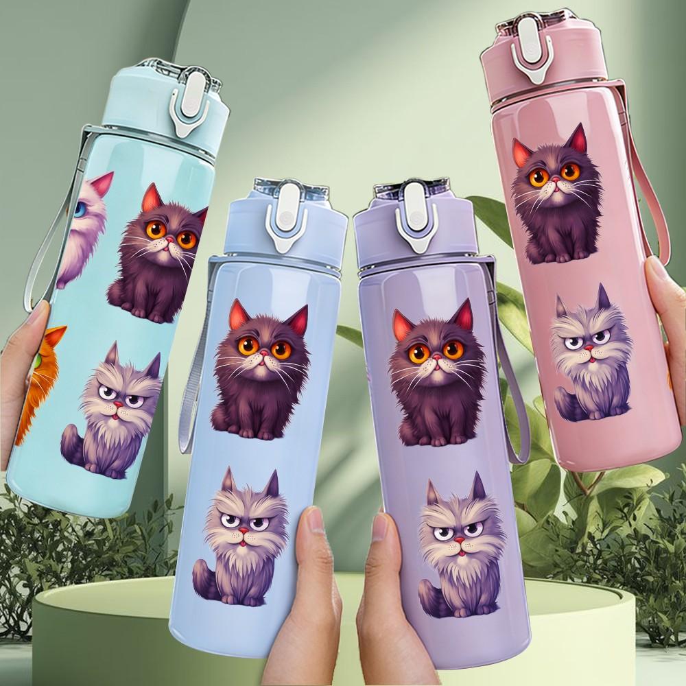 1PC Four Colorful Cat Cartoon Animal Art 750ml Color Plastic Sports Water Bottle Leakproof Flip Straw Lid Suitable for Sports Office Home Use
