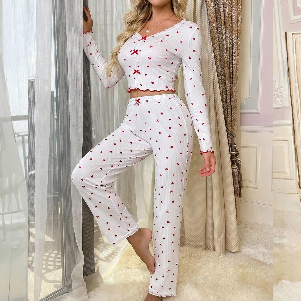 Женская домашняя одежда пижама брюки с длинным рукавом свободная и удобная сексуальное кружево принт с сердечками V-образный вырез комплект из двух предметов