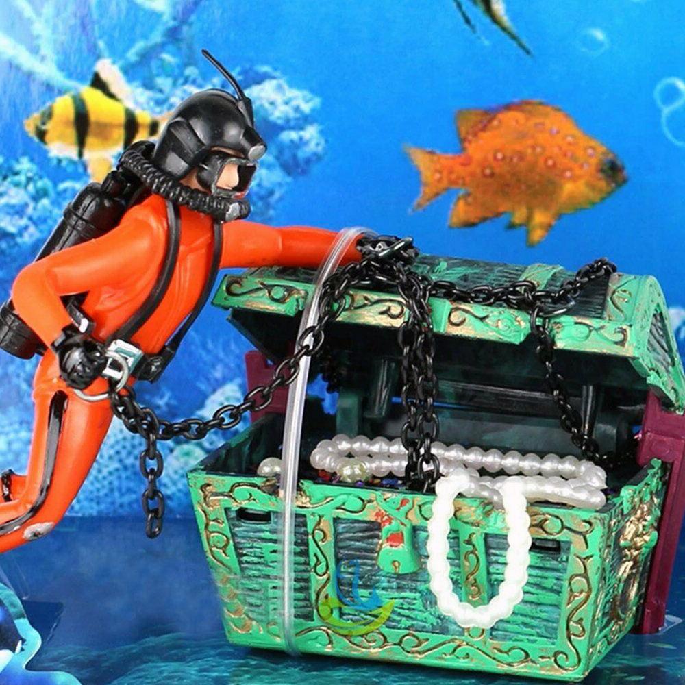 Aquarium Air Action Diver Treasure Hunter Chest Fish Tank Ornament Decoration