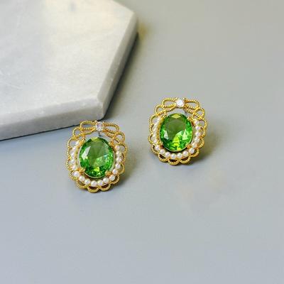 Модные Серьги-гвоздики Оливково-зеленый Овальный Циркон с Кружевной Отделкой для Женщин-Коммьютеров