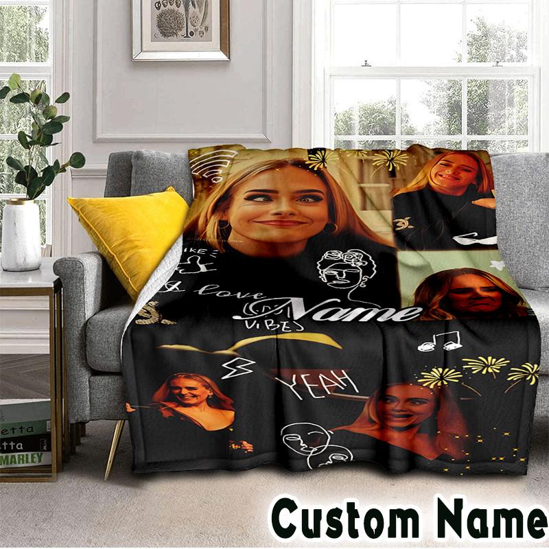 Custom Name Vibes Music Adele Throws Blanket Flannel Blankets for Couch Bed Gifts for Men Women Picnic blanket Christmas fan gifts