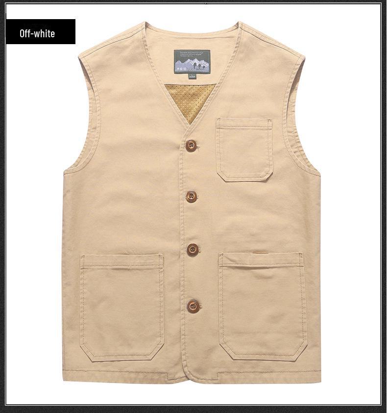 Extra Large Collarless Cotton Vest with Multiple Pockets for Spring/Autumn Outdoor Workwear