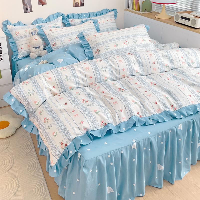 Юбка для кровати принцессы, простыня из четырех частей для девочек, кружевное одеяло, покрывало, постельное белье