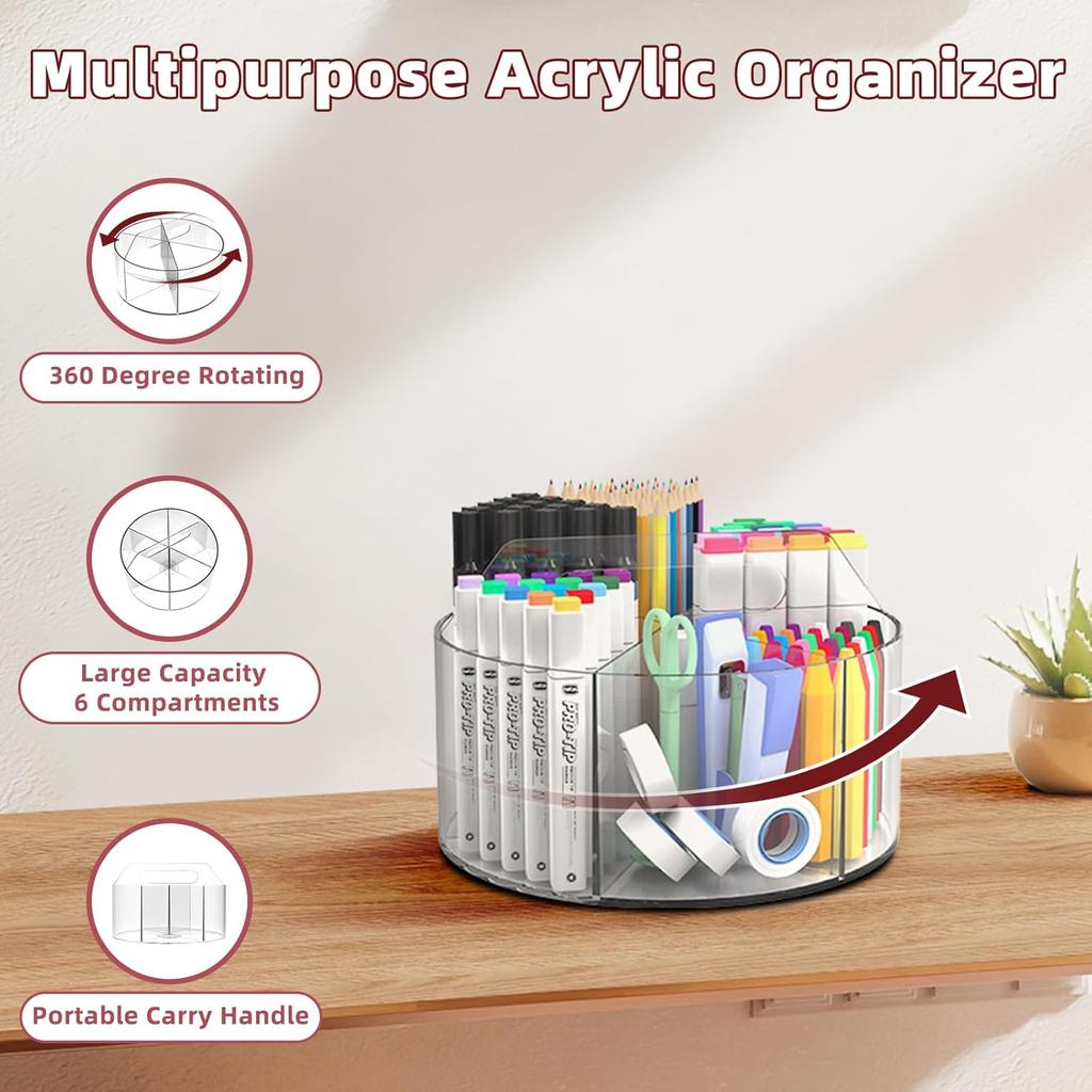 Absonic Acrylic Pen Holder Pencil Organizer, 360-Degree Rotating Pencil Holder, Crayon Organizers for Kids Marker Organizer Caddy Art Supply Kids