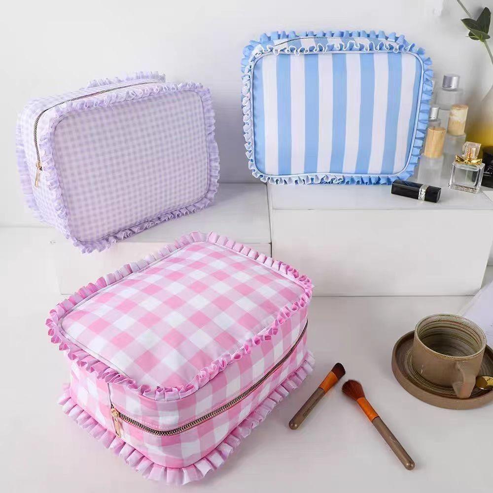 Waterproof Lacework Makeup Bags Nylon Grid Printing Storage Bag Toiletry Organizer for Women Girls