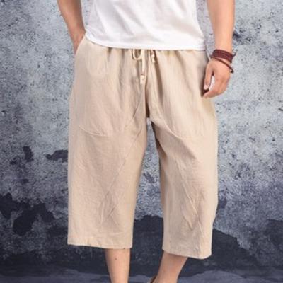 Летние мужские льняные брюки, мужские широкие брюки, мужские брюки с заниженным шаговым швом, хип-хоп, мужские джоггеры, брюки длиной до икр, спортивные брюки в китайском стиле
