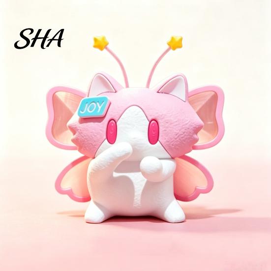 Playful Cat Decor with Stars Cute 3D Printed Figurine, Cartoon Desk Ornament Mouth Covering Figurine for Design, Compact Dancing Kitten Statue