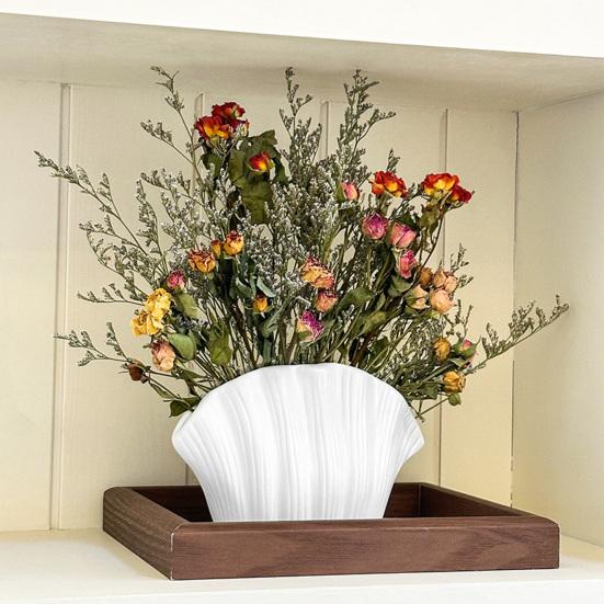 White Vinyl Shell Flower Vase Modern Pleated Flower Holder Container Home Office Table Centerpiece