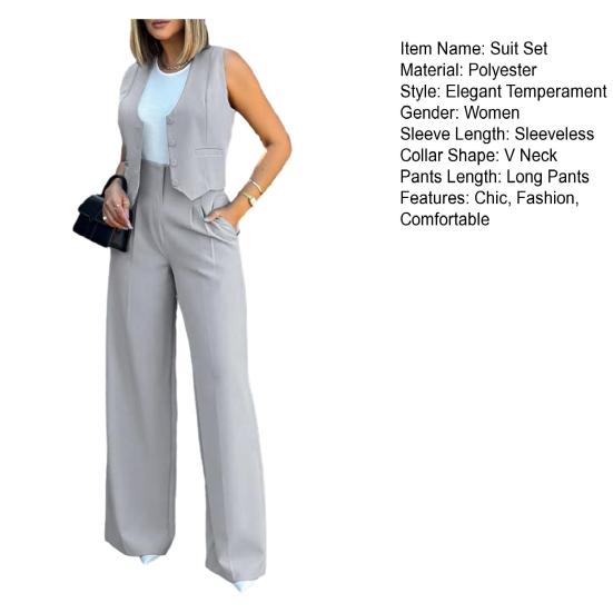 Женские деловые костюмы-двойки: укороченный жилет на пуговицах с V-образным вырезом и комплект брюк с высокой талией, летний офисный рабочий костюм