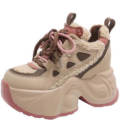 Модные туфли для папы, женские зимние новые туфли из овечьего меха и бархата, теплые хлопковые туфли с толстой подошвой, внутренняя отделка, ретро-коричневые повседневные туфли