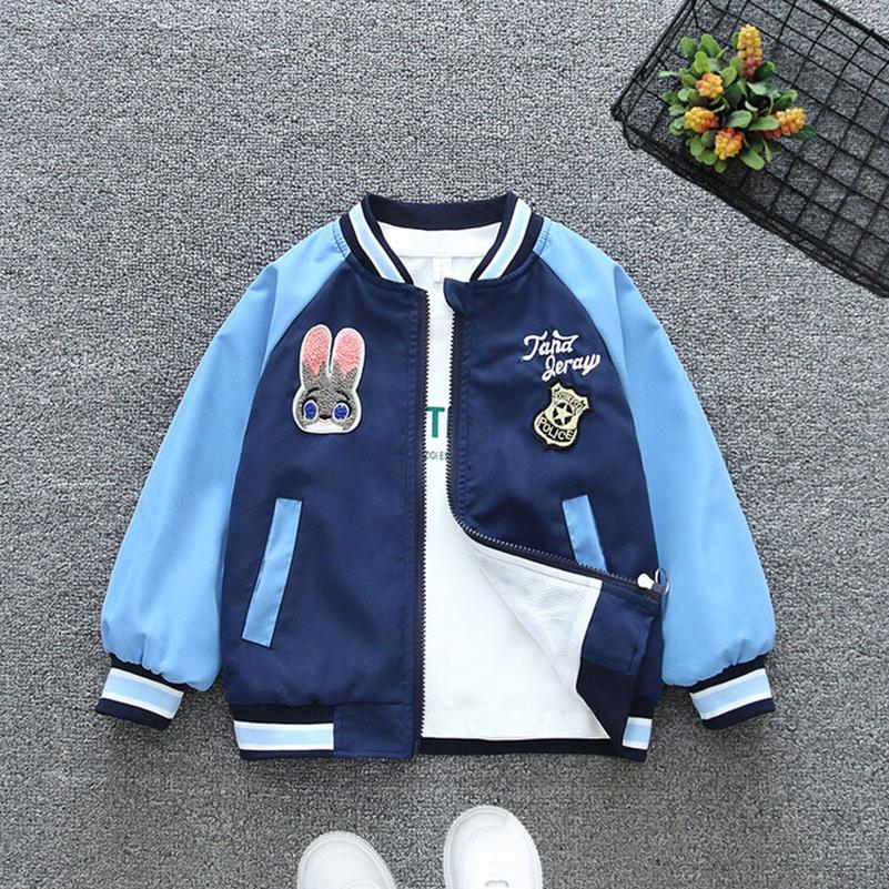 Детская одежда на весну и осень, бейсбольная куртка для девочек и детское пальто для отдыха с принтом кролика, длинными рукавами, стоячим воротником, на молнии