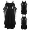 Women Cosplay Dress Gothic Style Witch Halloween Party Costume Lace-up Strap Collarless Color Matching Long Horn Sleeves A-line Performance Dress