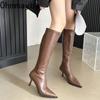 Мягкие кожаные сапоги с острым носком до колена на высоком каблуке с молнией женские туфли-лодочки женские длинные эластичные современные сапоги