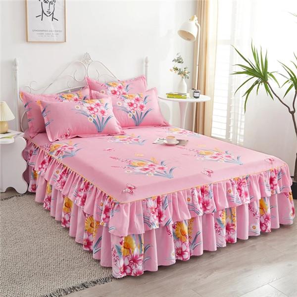 Floral Printed Bedspread Bedskirts Set 3PCS Bed Fitted Sheet With 2 Pillowcases Soft Breathable Bed Mattress Cover Protector Mat