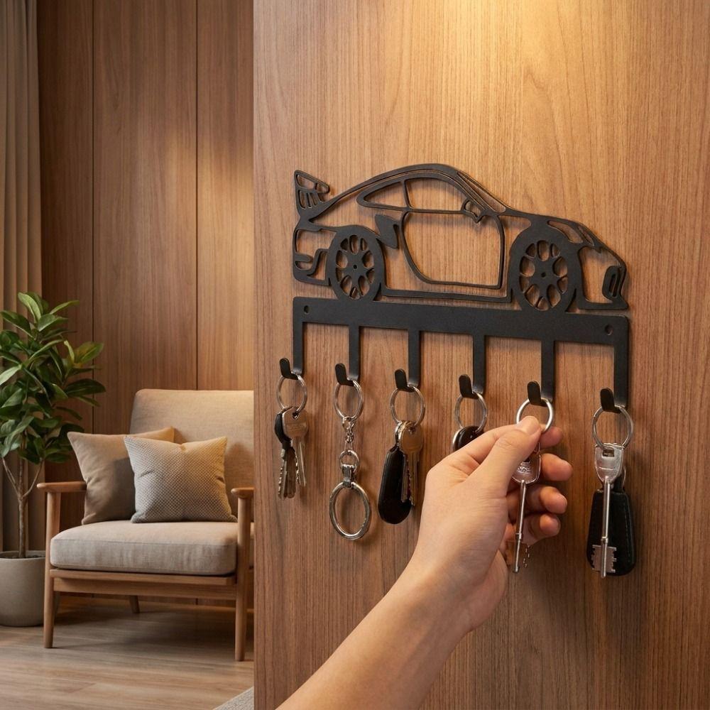 Wrought Iron Wall Mount Key Rack Sturdy 6 Hooks Sports Car Storage Hooks Entryway