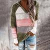 Women Fashion Tops Casual Patchwork V-Neck Long Sleeves Hooded Sweater Blouse Nap