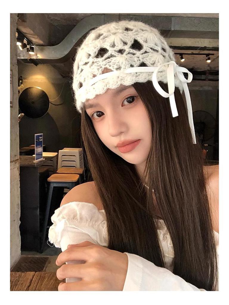 Женская дышащая вязаная крючком ажурная шапочка в корейском стиле - летняя, тонкая и универсальная