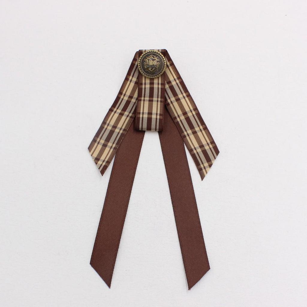 Women's Coffee Brown Plaid Bow Tie Brooch Collar Accessory S320