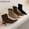 Fashion SUOJIALUN 2025 Winter New Brand Women Ankle Boots Fashion Pointed Toe Slip On Short Boots Shoes Thin Med Heel Dress Pumps