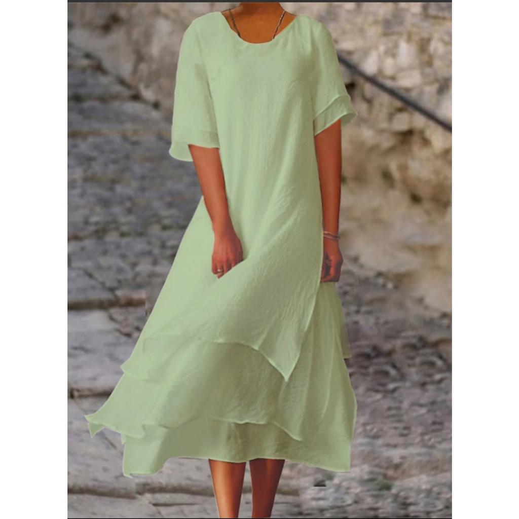 Plus Size Women's Bohemian Double Hem A-line Dress - Short Sleeved Round Neck Casual Vacation Dress, Beach Dress, Soft and Elegant Material