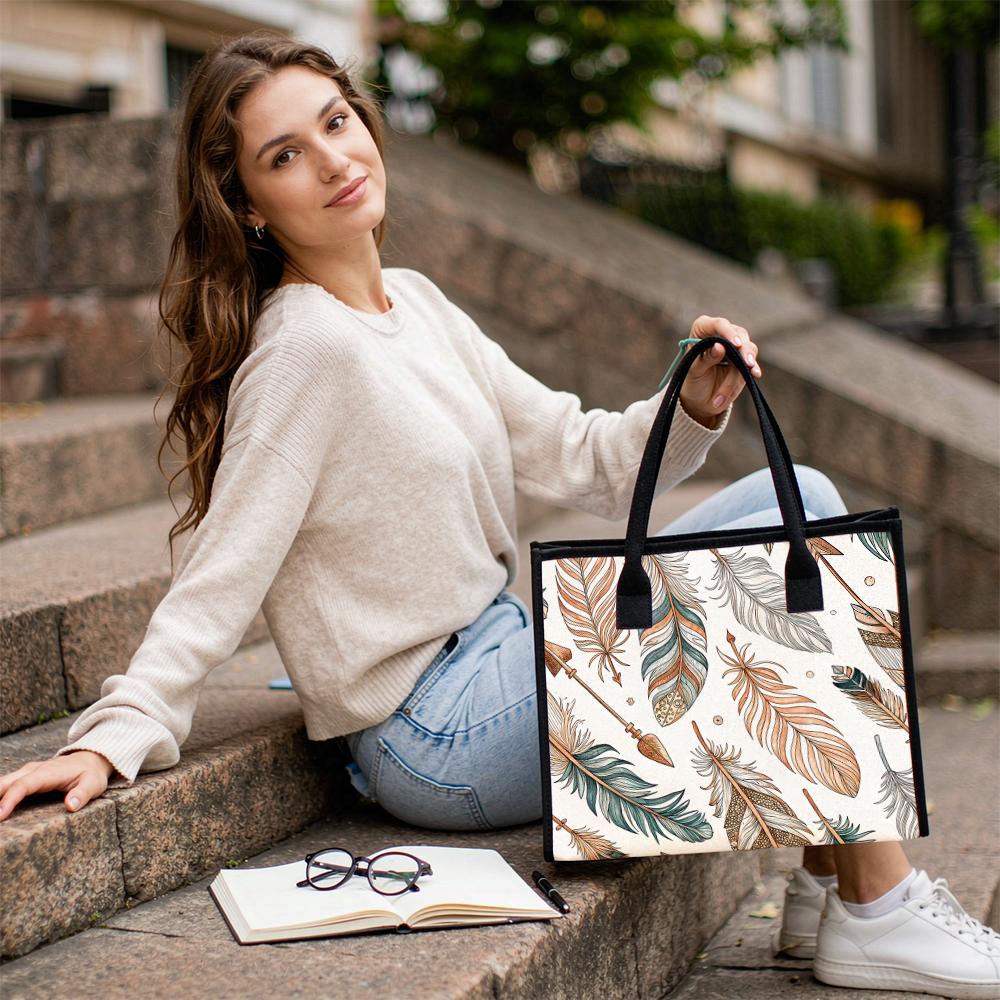 Bohemian Feather Print Tote Bag Casual Stylish Women Daily Shoulder Bag for Shopping Commute