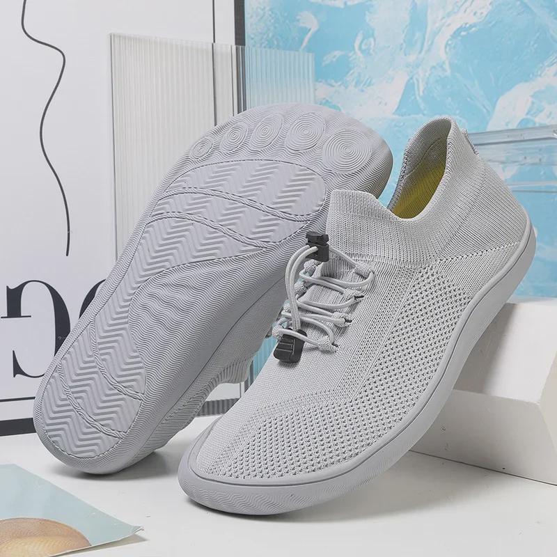 Men's Wide Fit Mid-Tube Breathable Flying Weave Barefoot Shoes with Non-Slip Sole.