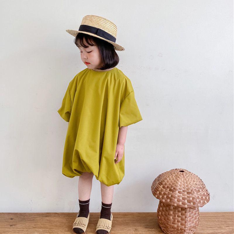 Детское платье, повседневное простое свободное однотонное летнее платье с короткими рукавами