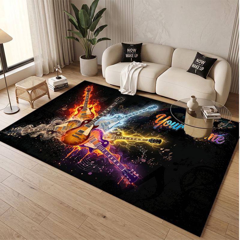 Music Guitar Theme Soft Crystal Velvet Rug Custom Name & Text Print Non Slip Floor Rug for Bedroom Living Room