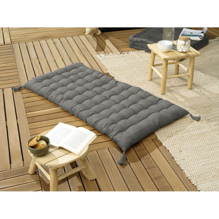 Matelas de sol avec pompons déperlant - Anti-UV Outdoor "Kala" en Coton 60 x 120 cm l'Effet Papillon - Kala Granit